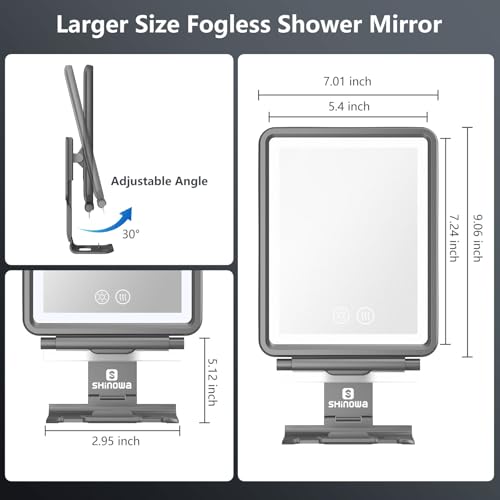 Image of Heated Shower Mirror Fogless for Shaving, Anti-Fog Mirror for Shower | 3 Colors Stepless Dimmable Lights, 5000mAh Rechargeable Battery with Razor Holder, No-Drilling, Light Memory Function