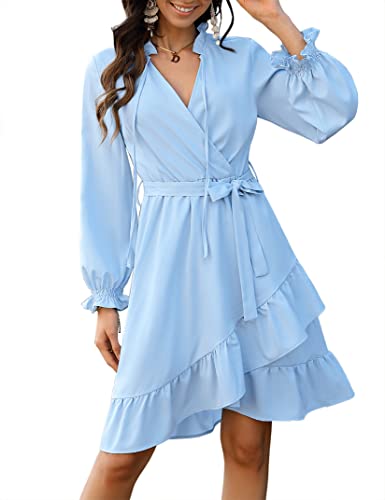 KOJOOIN Damen Wickelkleid Langarm Tunika Minikleid A-Linie mit Gürtel Hohe...