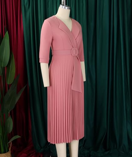 Image of SOMTHRON Women's Elegant 3 /4 Sleeve Blazer Dress V Neck Lapel Pleated Business Work Swing Midi Dress with Belt