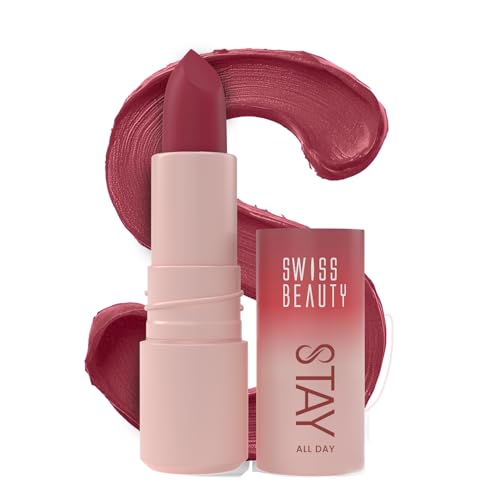 Image of Swiss Beauty Stay All Day Lipstick | 12-Hour Stay | Transfer-Proof | Matte Finish | With Vitamin E & Shea Butter | Shade- 3. Chirpy, 4g