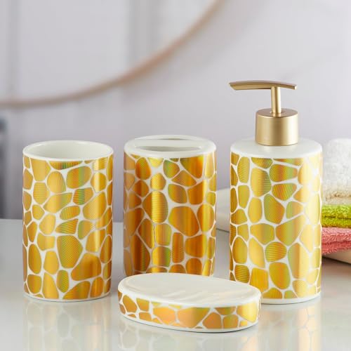 Image of Kookee Ceramic Bathroom Accessories Set of 4, Modern Bath Set with Liquid handwash Soap Dispenser and Toothbrush Holder, Luxury Gift Accessory for Home, Gold /White (10084)