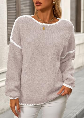 KIRUNDO Womens Sweaters 2026 Fall Oversized Long Sleeve Chunky Knit Crew Neck Contrast Stitching Pullover Winter Clothes(Apricot, X-Large) — view 3