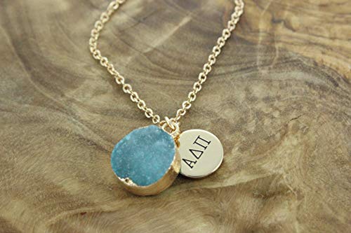 Sorority Shop ADP Necklace - Alpha Delta Pi Blue Druzy Gemstone Necklace With Engraved Pendant – 14K Gold Dipped Jewelry with Blue Gemstone – Sorority Gift, Charm Paraphernalia4