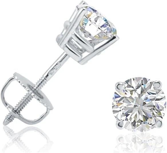 1 Ct Round Lab Grown Diamond Stud Earrings | 14K White Gold Classic Solitaire Screw Back Basket Design | Women's Elegant Jewlery | Daily or Gifting Use