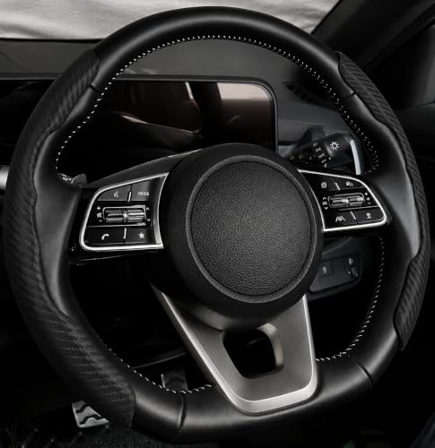Image of Carbon Fiber Steering Wheel Grip Cover | Anti-Slip Textured Handle | Heat Resistant & Sweatproof Car Steering Grip Pads (Black)