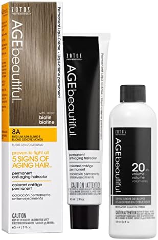 AGEbeautiful Permanent Liqui Creme Hair Color Dye & Developer 20 Volume | 100% Gray Coverage | Anti-Aging | Biotin for Thicker, Fuller, Healthier Hair | 8A Medium Ash Blonde