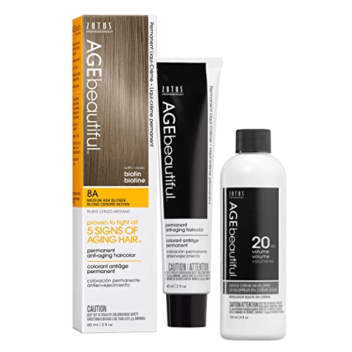 Agebeautiful Permanent Liqui Creme Hair Color Dye & Developer 20 Volume | 100% Gray Coverage | Anti-Aging | Biotin For Thicker, Fuller, Healthier Hair | 8A Medium Ash Blonde #TOP6