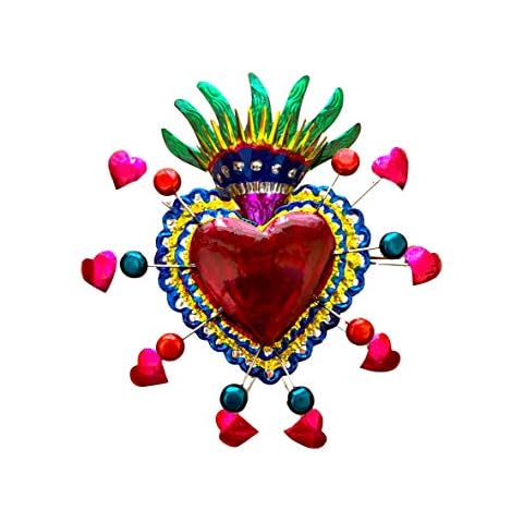 Embossed Tin Heart Milagro - Mexican Folk Art Wall Decor - Handmade in Mexico - Milagros Charm - Sacred Heart Ornament - Mexican Art - 11.5 inches x 11 inches Milagro Punto Multicolor Cover