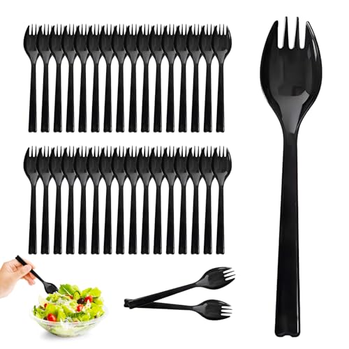 Bioudell 50-Pack Long Handle Disposable Plastic Spoons with Fork Tips 6.3 Inch Heavyweight Black Spork Food-Grade Utensils for Catering Takeout Restaurants Parties & Daily Use