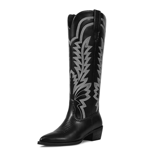 ISNOM Cowboy Boots for Women Knee High Cowgirl Boots with Classic Embroidered Pointed Toe Chunky Heel Pull On Fashion Retro Western Tall Boots (Black Size8)