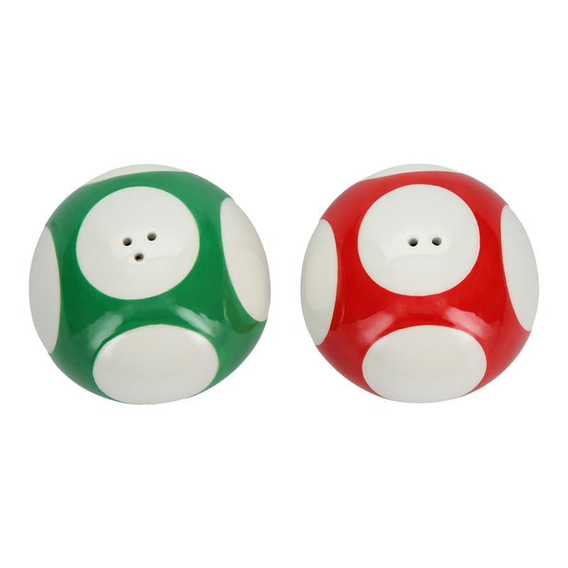 Super Mario Brothers Mushroom Salt and Pepper Shakers Officially Licensed Nintendo Red & Green 1-Up Ceramic Set for Kitchen & Home Decor - Image 3