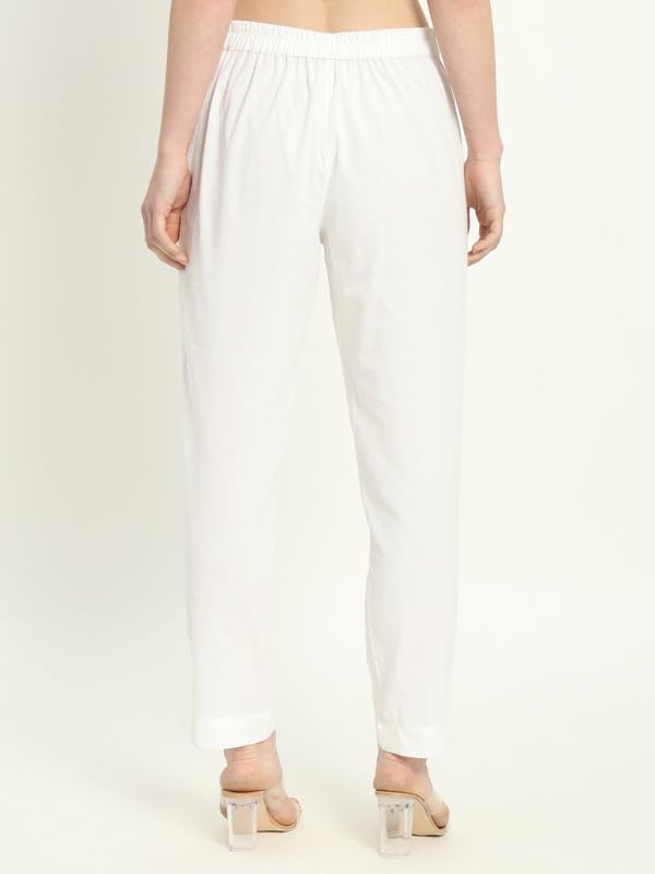Image of Women's Solid Straight Fit 100% Cotton Trousers | High Waist, Side Pockets, Ankle Length Pants for Office, Casual
