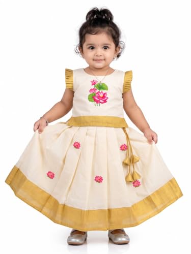 Image of Stanwells Kids Baby Girl Dress Cream Gold Pattu Pavadai Cotton Silk Lehenga Choli Kerala Kasavu South Indian Onam Festival Traditional Ethnic Wear
