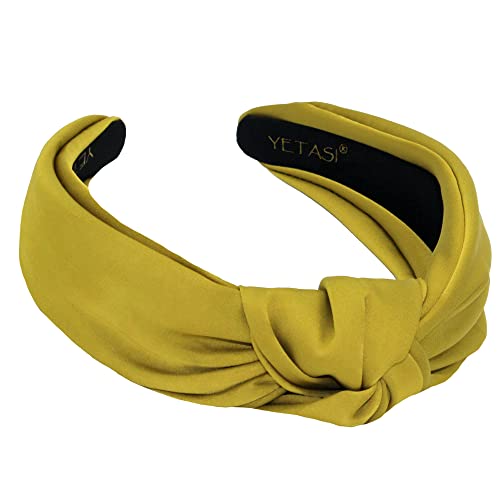 Yetasi Satin Headbands For Women - Unique Olive Yellow Knotted Headband Made Of Non-Slip Material For Classy & Chic Look - Silk Quality Satin Fabric - Adjustable Size - Comfortable & Build To Last Long #TOP14