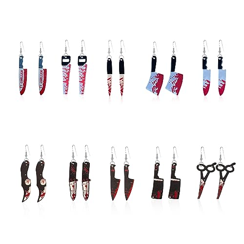 10 Pairs Punk Knife Dagger Scissors Kitchen Knives Saws Drop Dangle Earring Set Gothic Acrylic Blood Printed Knife Earring for Women Hip Hop Halloween Party Jewelry