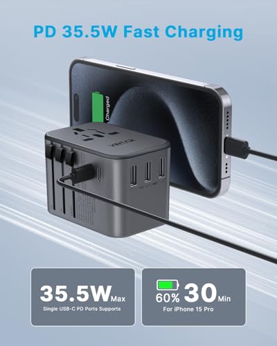 Image of Universal Travel Adapter, VINTAR 35.5W International Power Adapter with 3 USB A QC and 2 USB C PD, All in One Plug Adapter Worldwide Travel Essentials for EU /UK /USA /AUS(Type C /G /A /I), Silver