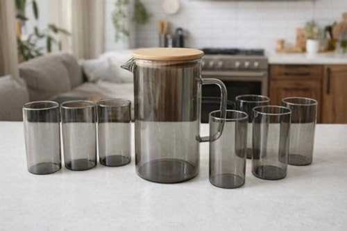Image of bellemax 1.8 Litre Water Jug with Wooden Lid & 6 Black Juice Glasses Set | Premium Glass Water Jug Set for Home Kitchen | Juice, Water, Cold Drink Serving Set | Stylish Beverage Pitcher Set of 7