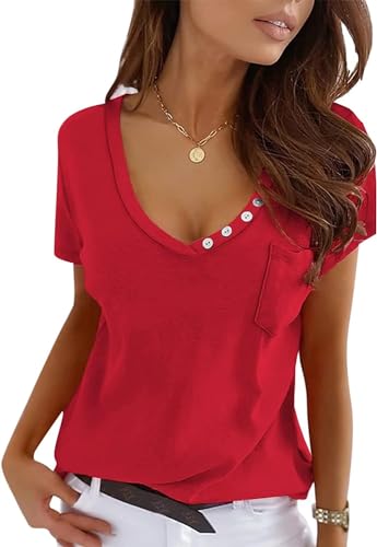 Imily Bela T-shirt à manches courtes pour femme - Col en V - Sexy - Haut d'été - Tunique décontractée, rouge bordeaux, XXL
