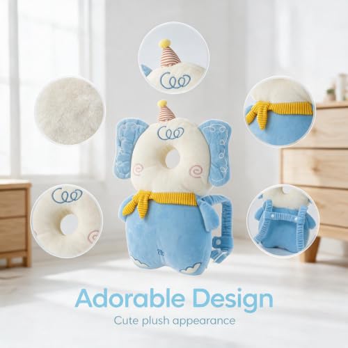 Image of Baby Head Protection Backpack - Soft Lightweight Fall Cushion for Toddlers During Crawling & Walking, Helps Ease Impact from Backward Tumbles(Blue Elephant)