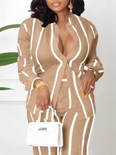 Remelon Women's Casual Two Piece Outfits Striped Long Sleeve Collar Button Down Shirt Blouse High Waist Wide Leg Pants Sets2