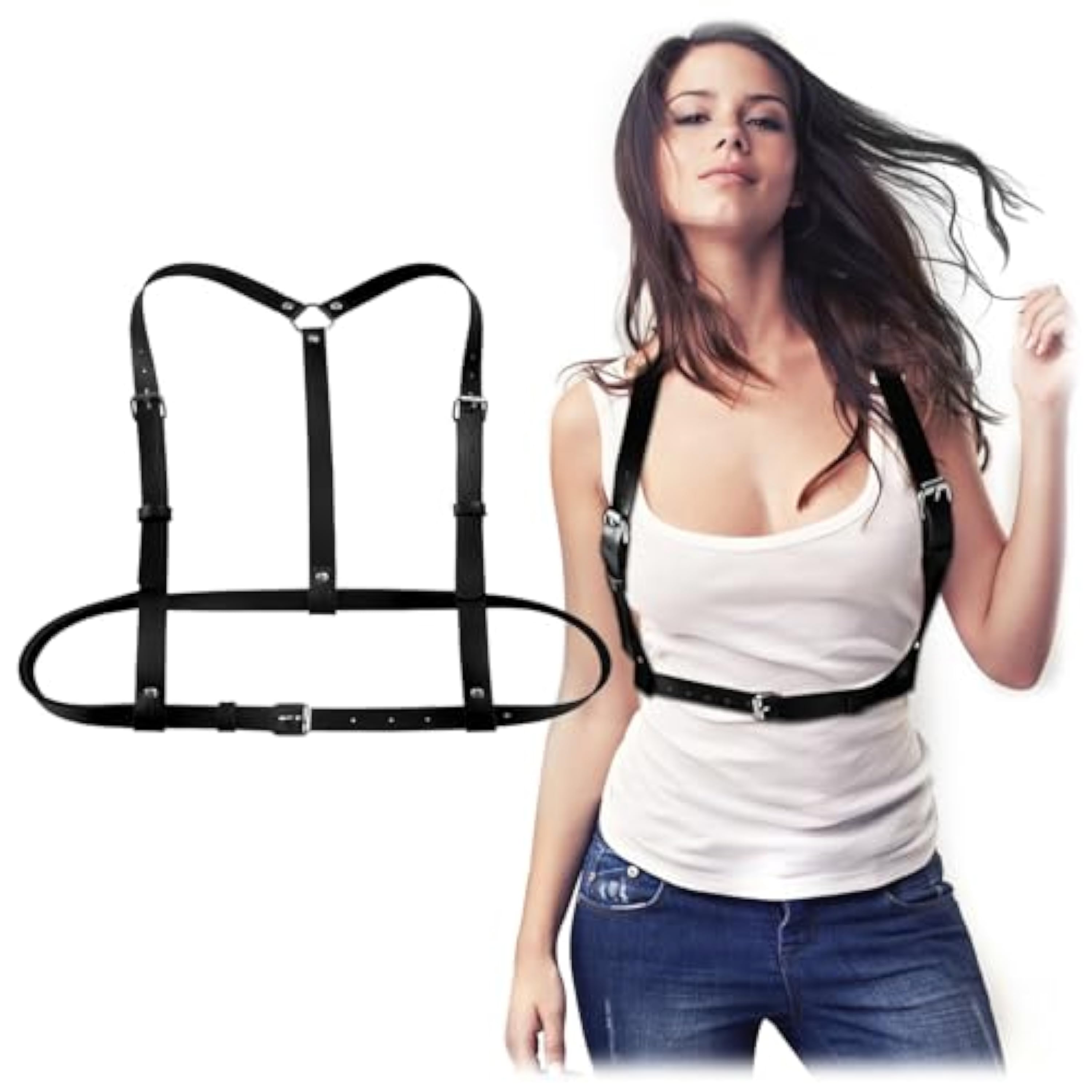 DAWRIS Cinturón de cintura punk para mujer, piel punk, cadena de cuerpo negro, cinturón de cintura ajustable, gótico, cadena de pecho, chaleco para mujeres, niñas, cosplay, carnaval, Halloween