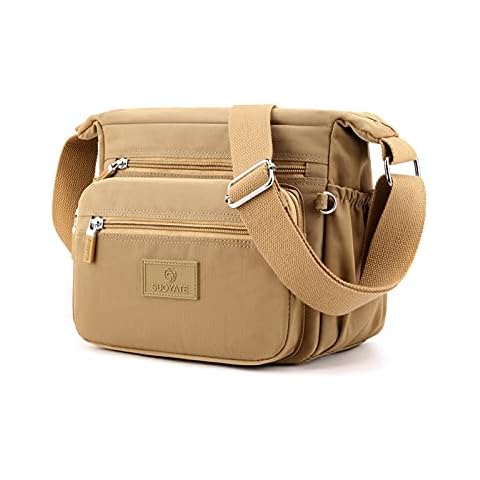 PORRASSO Women Crossbody Bag Casual Shoulder Bag Multi-pocket Nylon Messenger Bag Handbag Purse for Travel Hiking Daily Use Khaki Cover