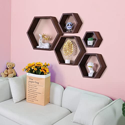 Phoenancee Hexagon Floating Shelves,Wall Mounted Wood Farmhouse Storage Honeycomb Wall Shelf Set Of 5,For Bathroom, Kitchen, Bedroom, Living Room,Office,Driftwood Finish (Dark Walnut) #TOP2