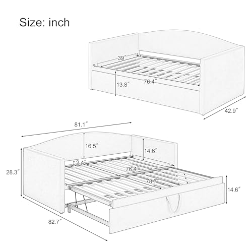 Velvet Twin Size Daybed with Extended Pop Up Trundle, Twin to King Trundle Bed, Upholstered Sofa Bed Daybed Frame, Modern Heavy Duty Twin Day Bed, Perfect for Guest Room, Living Room (Beige)
