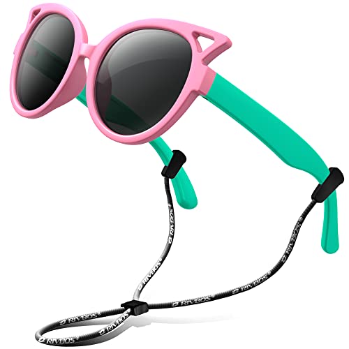 RIVBOS kids Sunglasses Girls with Strap Polarized UV Protection Flexible Shades for Baby and Children RBK002-2 Pink&Green