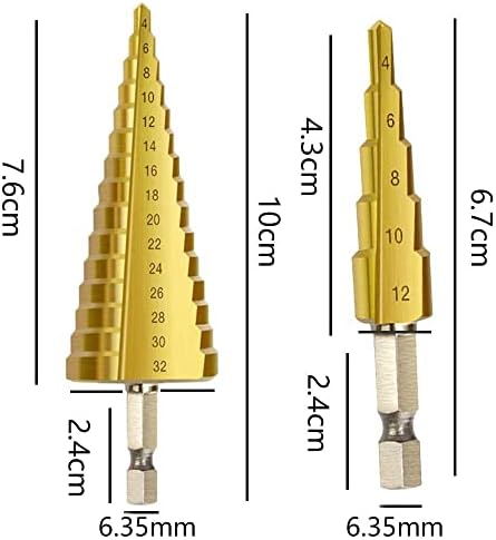 2Pcs Step Drill Bit Set Titanium Coated Universal Hex Shank 4mm to 12/32 mm (5/32" to 5/4") Hex Shank Metric Cut Tool Set for DIY Plastic Wood Metal Aluminum Copper