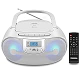 Portable Stereo CD Player Boombox, FM Radio with Bluetooth, Remote Control,CD Players for Home with Headphone/Mic Jack, Disco Light Support CD-R/RW/MP3, USB, AC/Battery Operated, White