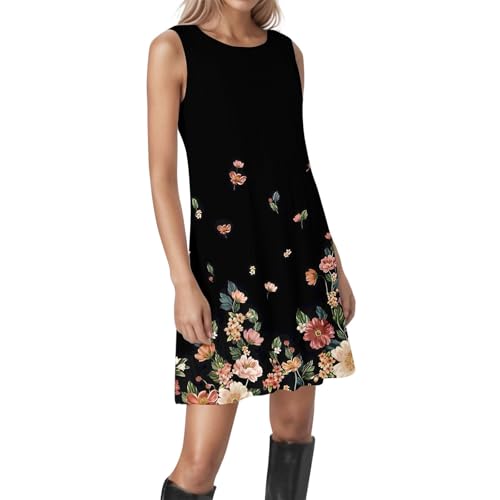 Robe ete femme de plage legere col rond mini vetement fleuri sans manche tendance
