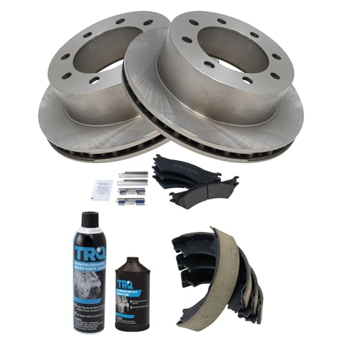 Image of TRQ Rear Brake Pad & Rotor Kit, with Chemical Kit Parking Brake Shoe Set Semi-Metallic Compatible with 2003-2004 Ford E-250 1999-2002 E-250 Econoline