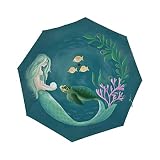 Baegutly Auto Open Close Umbrella Mermaid Turtle Green Ocean Sea Coral Folding Umbrella Sun Rain Com
