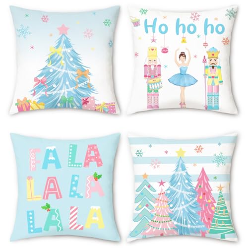 Bonhause Merry Christmas Nutcrackers Throw Pillow Covers 18 x 18 Inch Xmas Tree Blue Decorative Pillows Soft Velvet Cushion Cases for Couch Bed Home Winter Holiday Decor Set of 4