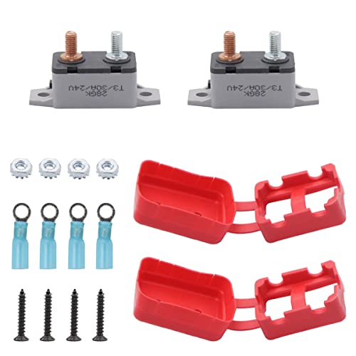 T Tocas 6-28v DC Manual Reset Stud Circuit Breaker Type III with Red Cover for Automotive RV Marine Boat Battery Solar 30A 2pcs