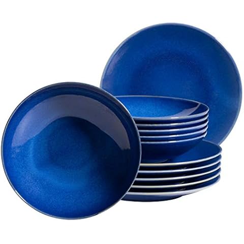 MÄSER 931733 Ossia Plate Set for 6 People in Vintage Mediterranean Look, 12 Piece Modern Dinner Set with Soup Plates and Dinner Plates in Dark Blue, Ceramic Cover