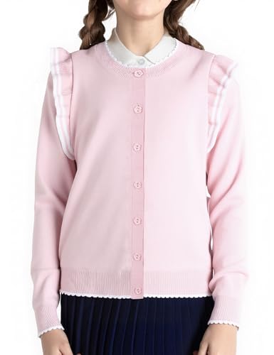 Image of BOBOYOYO Girls Cute Cardigan Cotton Girls Button Up Sweater Knit Jacket | Long Sleeve Crew Neck Kawaii Clothes for Casual School Wear