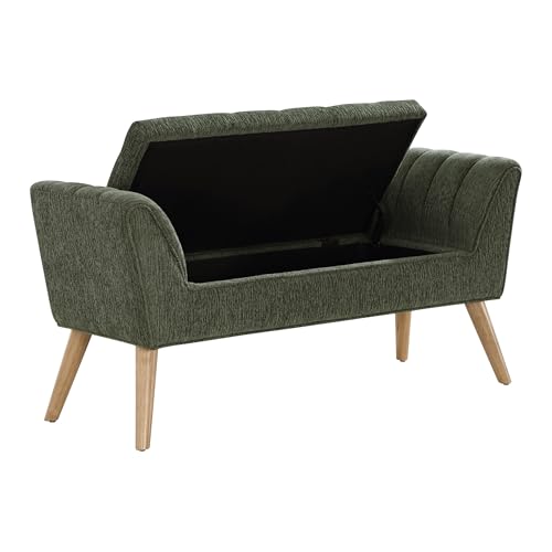 Image of OSP Home Furnishings Castile Mid-Century Modern Storage Bench with Natural Legs, Green Pine Fabric