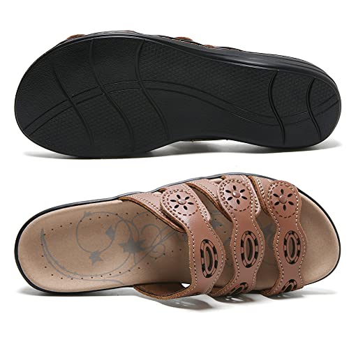 Vocntvy Sandals For Women Brown Leather Arch Support Memory Foam Casual Flat Sandal Ladies Adjustable Hook And Loop Straps Lightweight Orthotic Plantar Fasciitis Slide Sandal Us 6 #TOP3