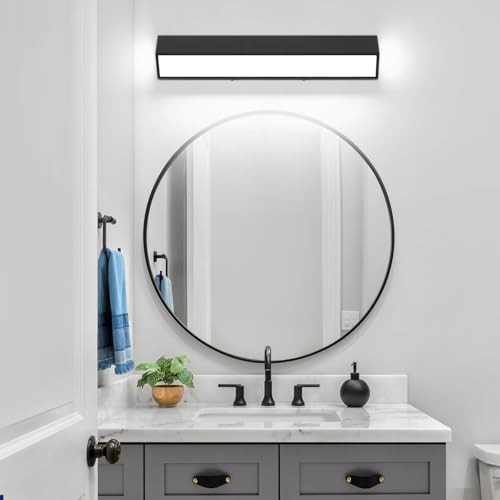 Image of 24-Inch LED Modern Bathroom Vanity Light Fixtures, Matte Black Modern Acrylic Bathroom Wall Lighting Fixtures Over Mirror (Cool White 6000K)