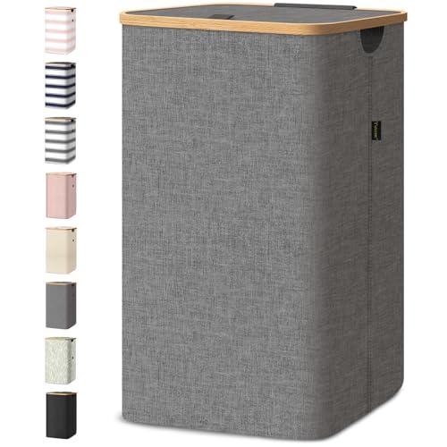 BALEINE Laundry Hamper with Lid, Tall Laundry Baskets with Bamboo Pull Handles, Large Laundry Bin with Internal Support (26 Gal/100L, Grey)