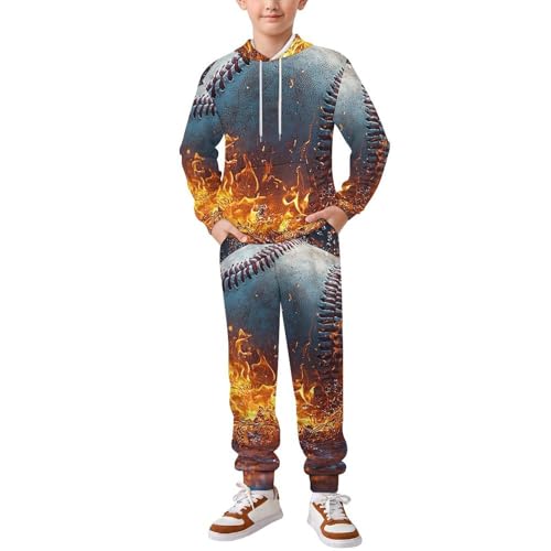Boys Girls Sweatshirt Pullover Hoodie & Pants Kid Active Sweatsuit Tracksuit, Baseball Blue Flaming