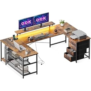 ODK Eckschreibtisch mit 4 Schubladen&Stauraum, 167×102cm Reversible Eckschreibtisch mit 2 Steckdosen und 2 USB Ladeanschluss, Gaming Schreibtisch mit LED&Monitorständer für Home Office, Vintage-Braun