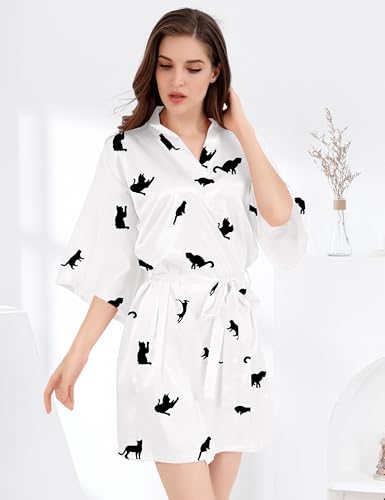 Image of MORFORU Women Bride Bridesmaid Silky Satin Kimono Robe Solid Color Sleepwear for Wedding Party Getting Ready, Short