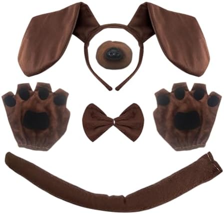 5 Pieces Dachshund Dog Set,Puppy Dog Costume Set,Include Dachshund Hairband Nose Tail Gloves Bowtie for Adult Kids Cosplay Children's Day Christmas Animal Theme Party(Brown)