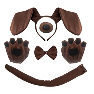 XNIVUIS Juego de disfraz de perro salchicha de 5 piezas, incluye banda para el pelo de perro salchicha, guantes de cola de nariz, pajarita para adultos y niños, cosplay, día del niño, fiesta temática