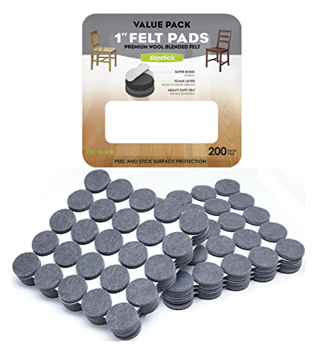 Slipstick Premium Wool Blended Felt Furniture Pads / Chair Floor Protectors (1 Inch Round) Includes 200 Grey Felt Chair Leg Pads With Super Bond Self-Stick Adhesive, Gray #TOP12