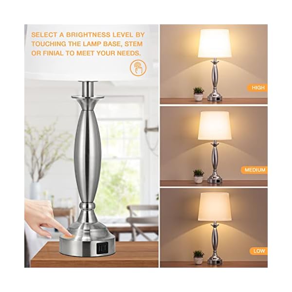 White Lamps for Bedrooms Set of 2 - Touch Control Bedside Lamp with USB C+A, 3 Way Dimmable Nightstand Lamps with USB Port, Table Lamp for Living Room(White Shade and Nickel Base) - Image 3