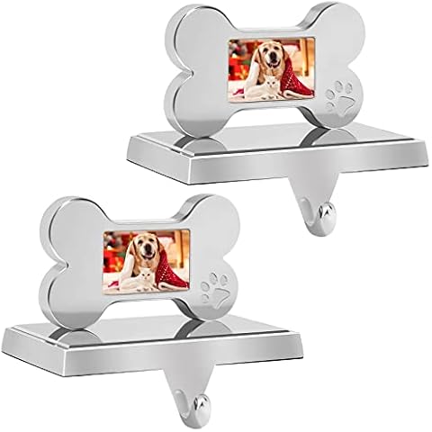 TWOWYHI 2PCS Dog Bone Christmas Stocking Holders for Christmas Stockings with Photo Frame for Mantle Fireplace Decor Silver Metal Stocking Hangers Dog Stocking Holders with Non Slip Velvet Base Bottom Cover
